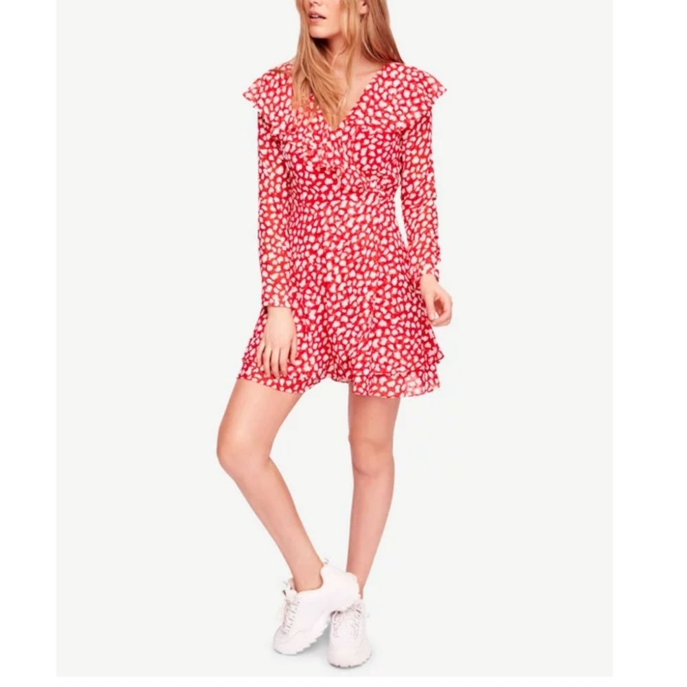 Free People Women's Frenchie Ruffled Mini Wrap Dress Size M Red‎ Long Sleeve